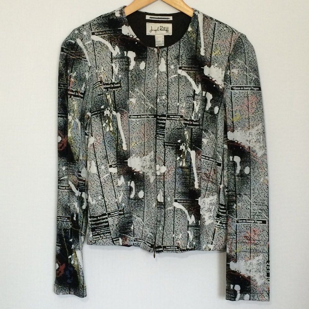 Joseph Ribkoff Newspaper Print Jacket Sz 6 Black White Ink Blotches Zip Lined